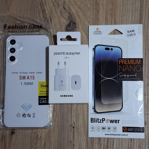 Samsung A15 Uyumlu 25w Şarj Cihazı + Ekran Koruyucu + Şeffaf Kılıf