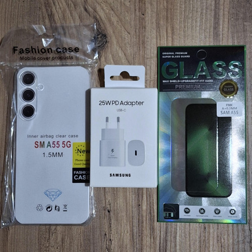 Samsung A55 Uyumlu 25w Şarj Cihazı + Ekran Koruyucu + Şeffaf Kılıf