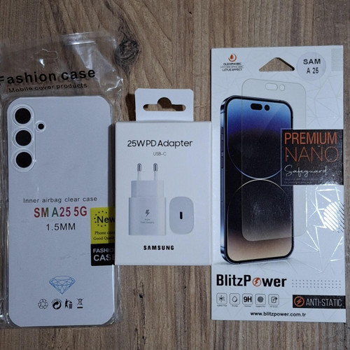 Samsung A25 Uyumlu 25w Şarj Cihazı + Ekran Koruyucu + Şeffaf Kılıf