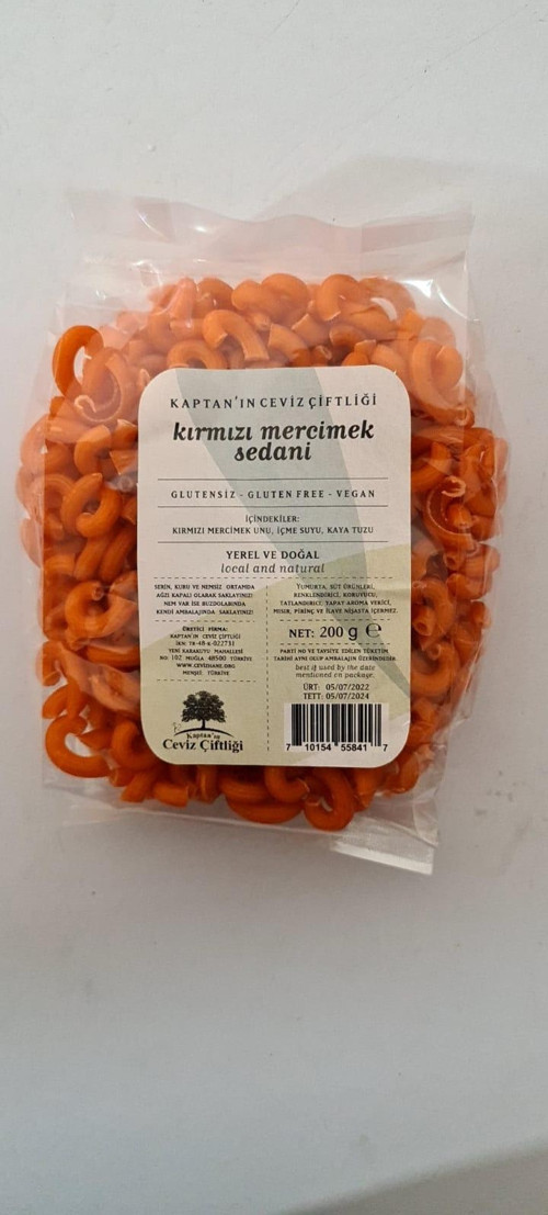 Glütensiz ve Vegan Yerli Kırmızı Mercimek Curvi Rigati - Sedani (200 G)