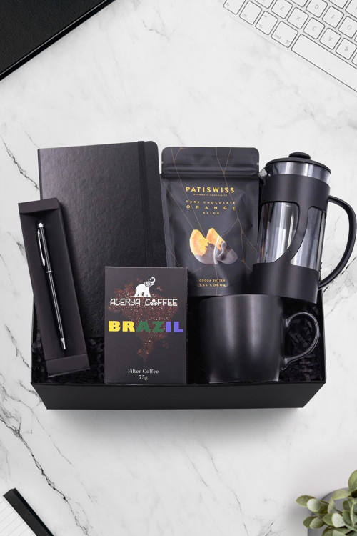 Defter & Touch Pen & Çikolatalı Portakal Dilimi & French Press & Mat Kupa & Filtre Kahve Hediye Seti
