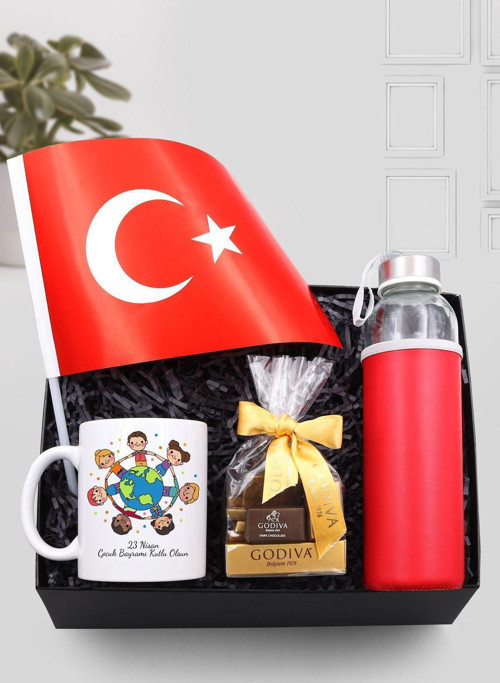 23 Nisan'A Kupa & 500 Ml Kırmızı Su Matarası & Türk Bayrağı & Godiva Napoliten Çikolata Hediye Seti