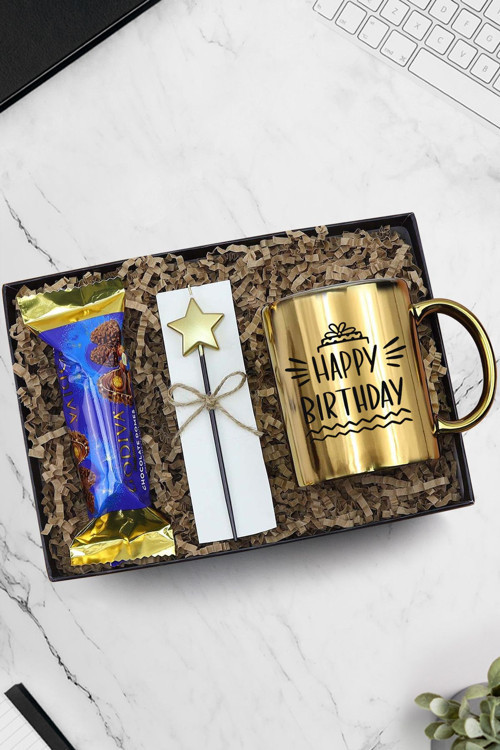 Happy Birthday Baskılı Gold Kupa & Godiva 30Gr Domes Çikolata & Doğum Günü Yıldız Mum Hediye Seti