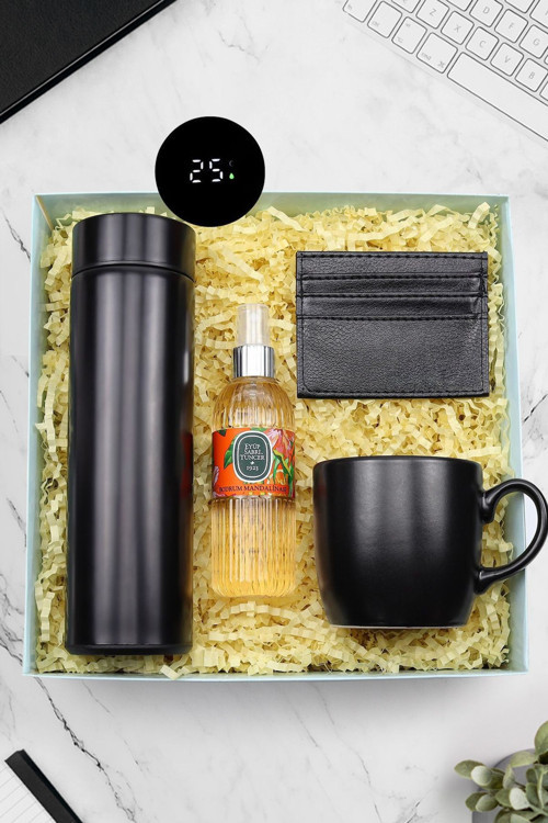 500 Ml Dereceli Termos & Siyah Kartlık & Siyah Kupa & Eyüp Sabri Tuncer Sprey Kolonya Hediye Seti