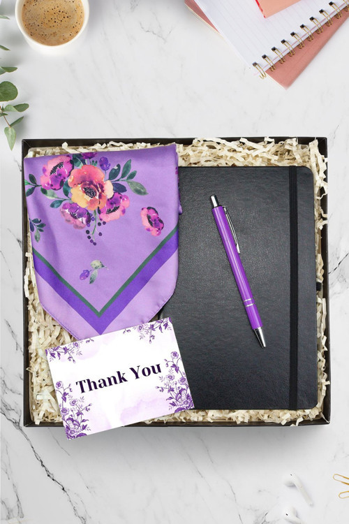 Siyah Defter & Mor Fular & Gümüş Renk Detaylı Mor Tükenmez Kalem Hediye Seti