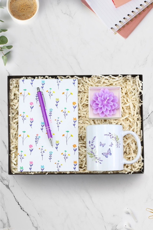 Beyaz Çiçekli Defter & Gümüş Renk Detaylı Mor Tükenmez Kalem & Kelebek Kupa & Lotus Mum Hediye Seti