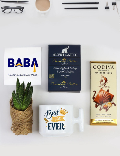 Babalar Gününe Özel Alerya Premium Filtre Kahve & Çikolata & Kupa & Canlı Sukulent Çiçek Hediye Seti
