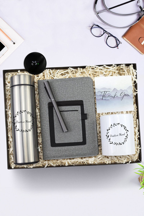 Tasarım 500 Ml Dereceli Termos & Baskılı Kupa & Cepli Gri Defter & Gri Renk Roller Kalem Hediye Seti