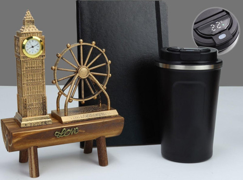 Siyah Defter & 380 Ml Siyah Kaydırmaz Dereceli Termos & London Big Ben Biblo Hediye Seti