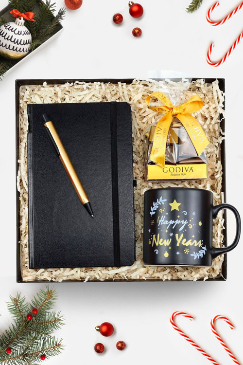 Siyah Defter & Gold Renk Tükenmez Kalem & Kupa & Godiva Napoliten Çikolata Yeni Yıl Hediye Seti