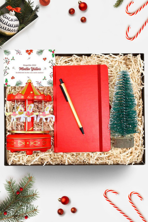 Defter & Gold Renk Tükenmez Kalem & Atlı Karınca Müzik Kutusu & Çam Ağacı Yeni Yıl Hediye Seti