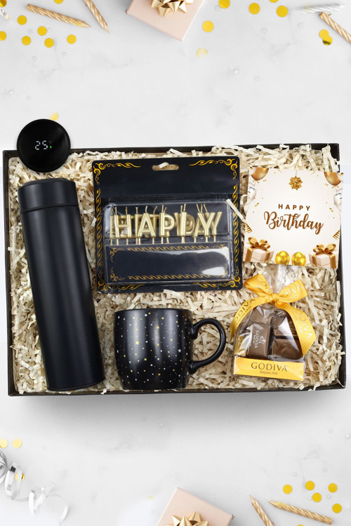Dereceli Termos & Siyah Yıldız Kupa & Godiva Çikolata & Gold Happy Birthday Harf Mum Hediye Seti