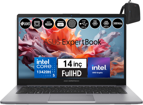Expertbook P1 P1403CVA-I58512G0D Intel Core I5-13420H 32GB Ddr5 4tb SSD WINDOWS11PRO 14" Fhd Intel UHD Taşınabilir Bilgisayar WXI58512G0DW20 + Zetta Çanta