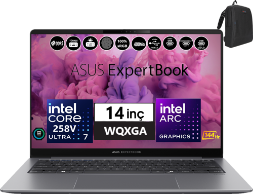 Expertbook P5405CSA-WI7321TBS0D Intel Ultra 7 258V Aı 32GB 4tb SSD Arc 140V WINDOWS11HOME 14" Wqxga 400NIT IPS Taşınabilir Bilgisayar WI7321TBS0D06 + Zetta Çanta