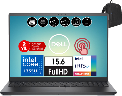 Inspiron 3530 Intel Core İ7-1355U 32GB 1tb SSD Fhd 15.6" Dokunmatik Fredos Taşınabilir Bilgisayar WI35301018TU13 + Zetta Çanta
