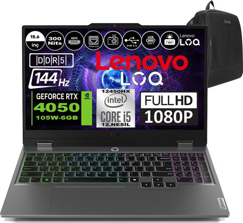 Loq Intel Core I5 12450HX 96GB 1tb SSD RTX4050 6gb 105W Windows 11 Home 144HZ 300NİTS 15.6" Fhd Taşınabilir Bilgisayar 83GS009ATRH18 + Zetta Çanta
