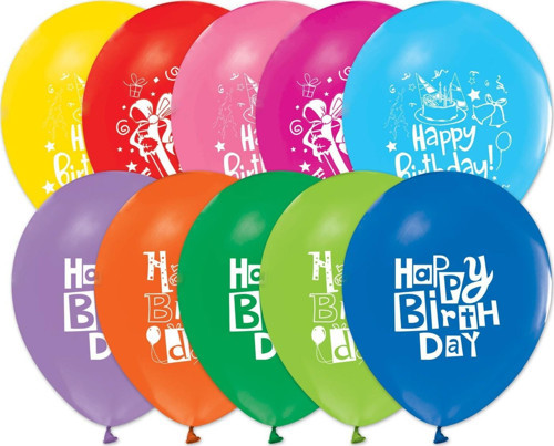 Happy Birthday Party Baskılı 12 İnc Pastel Renk Doğum Günü Balonu (100 Lü Paket)