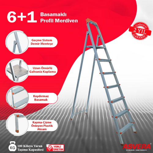 - 6+1 Basamaklı Profil Merdiven - 6 Basamaklı Ev, Bahçe ve İş Yeri Kullanımına Uygun