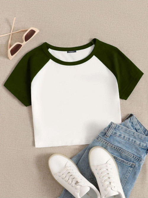 Kadın Garnili Kısa Kollu Crop Tshirt Ekru - Haki S