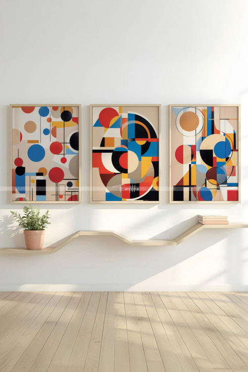 Canlı Geometrik 3 Parçalı Ahşap Çerçeveli Tablo Seti - Modern Soyut Tasarım-30x42