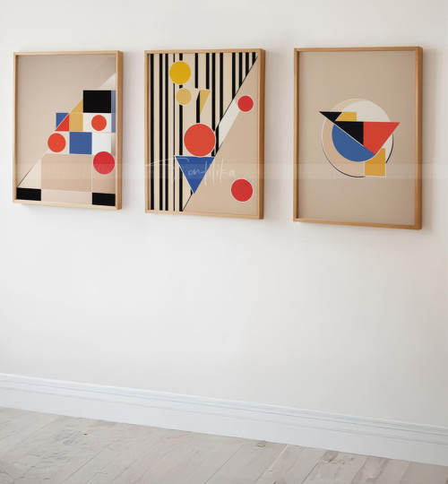 Modern Grafik 3 Parçalı Ahşap Çerçeveli Tablo Seti - Çizgisel ve Geometrik Tasarım-21x30