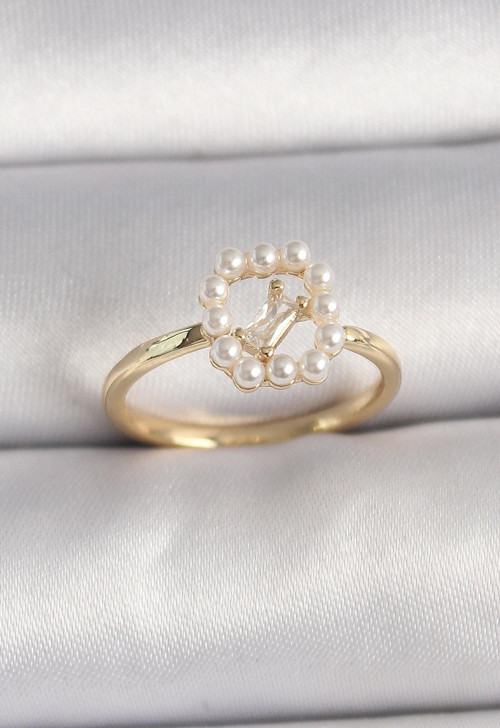 Pirinç Gold Renk Zirkon Taş Detaylı İncili Ayarlanabilir Yüzük - TJ-BYK3541