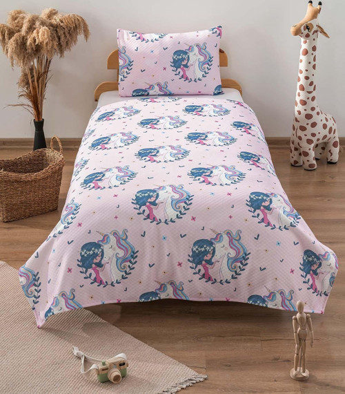 Unicornlu Kız Pembe Çocuk Pike Takımı Desenli Tek Kişilik Pike Seti
