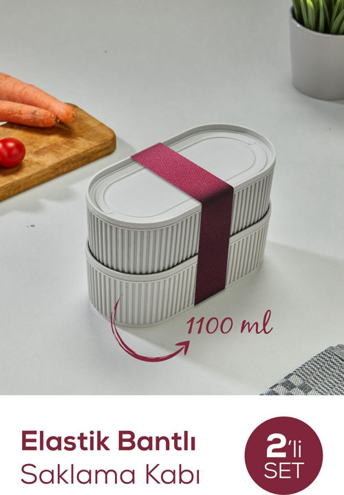 2'li Elastik Bantlı İstiflenebilir Pratik Saklama Kabı Seti 2x(1100 ml) Gri
