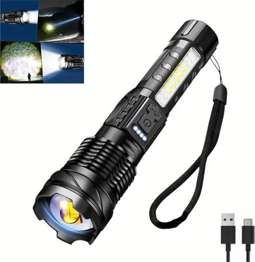 Şarjlı 7 Modlu Ultra Güçlü LED El Feneri Çakarlı Çok Fonksiyonlu Zoom 1500mAh