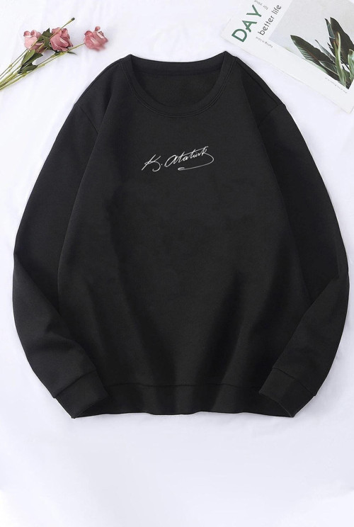 Unisex K.atatürk Imza Baskılı Bisiklet Yaka Sweatshirt