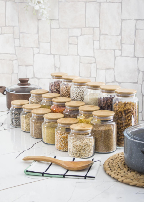 18 Li Set Bambu Kapaklı Cam Kavanoz & Erzak Saklama Kabı 6 X (1.3 LT 0.80 LT 0.50 LT ( Vakum Kapak )