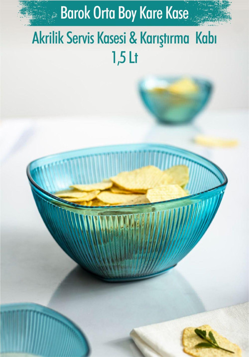 Akrilik Barok Aquamarin Orta Boy Kare Meyve & Salata Kasesi & Karıştırma Kabı / 1,5 Lt (CAM DEĞİLDİR)
