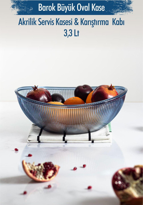 Akrilik Barok Lacivert Büyük Oval Meyve & Salata Kasesi & Karıştırma Kabı / 3,3 Lt (CAM DEĞİLDİR)
