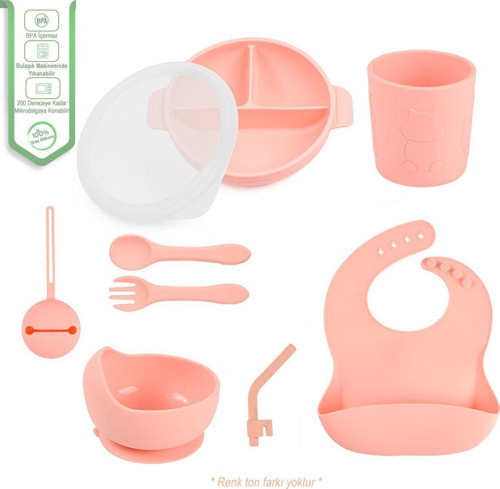 Silikon Beslenme Seti - Kapaklı Mama Tabağı - Kase - Çatal - Kaşık - Bardak - Pipet Vb - Pembe