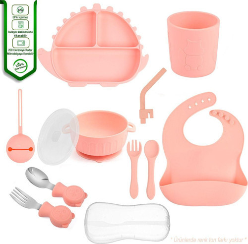 Silikon Beslenme Seti - Mama Tabağı - Kase - E. Kılıfı - Çatal - Kaşık - Pipet - Bardak - Önlük - Pembe