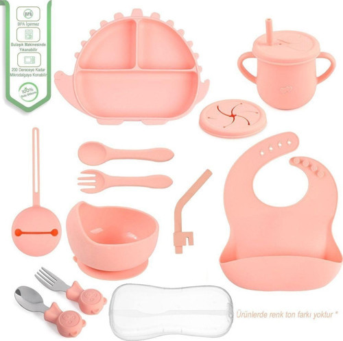 Silikon Beslenme Seti - Mama Tabağı - Kase - Emzik Kılıfı - Çatal - Kaşık - Bardak - Önlük - Pipet - Pembe