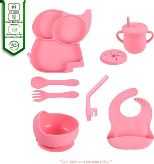 Silikon Beslenme Seti Mama Tabağı - Kase - Önlük - Çatal - Kaşık - Bardak - Pipet - Pembe