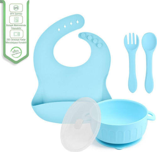 Silikon Beslenme Seti Silikon Vakumlu Kapaklı Mama Kase - Silikon Önlük - Silikon Kaşık