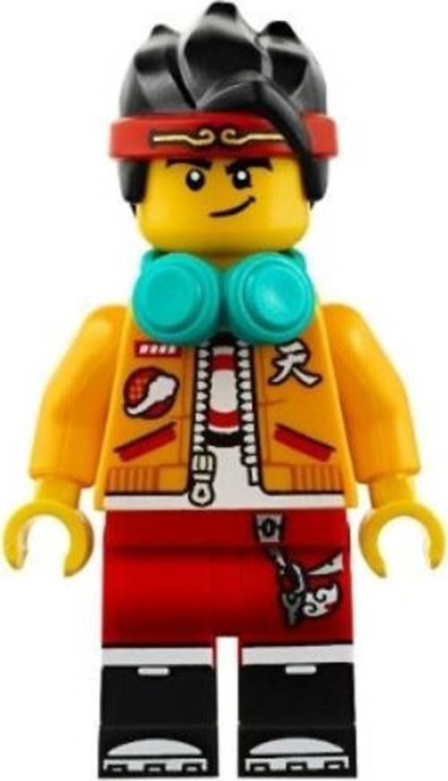 Minifigür - Monkie Kid - Bright Light Orange Open Jacket, Dark Turquoise Headphones, Smirk / Angry mk001