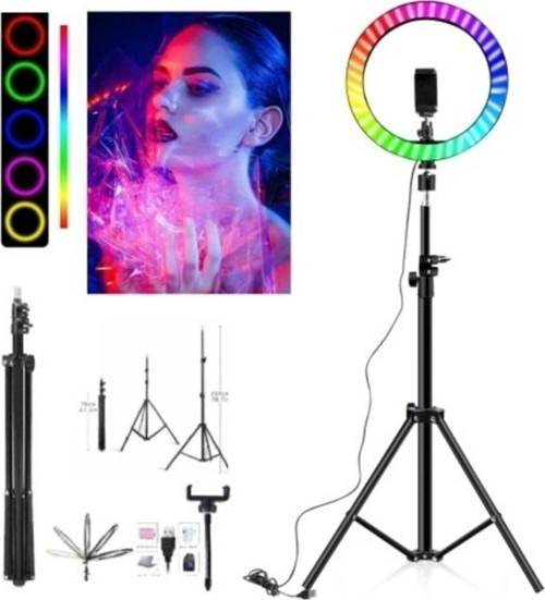 Rgb Ring Light Youtuber Tiktok Çekim Telefon Tutucu Renkli Makyaj Işığı 10 Inç +2. Mt Tripod