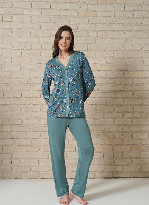 Pijadore 1729 Kadın Önden Düğmeli Uzu Kol Pijama Takım