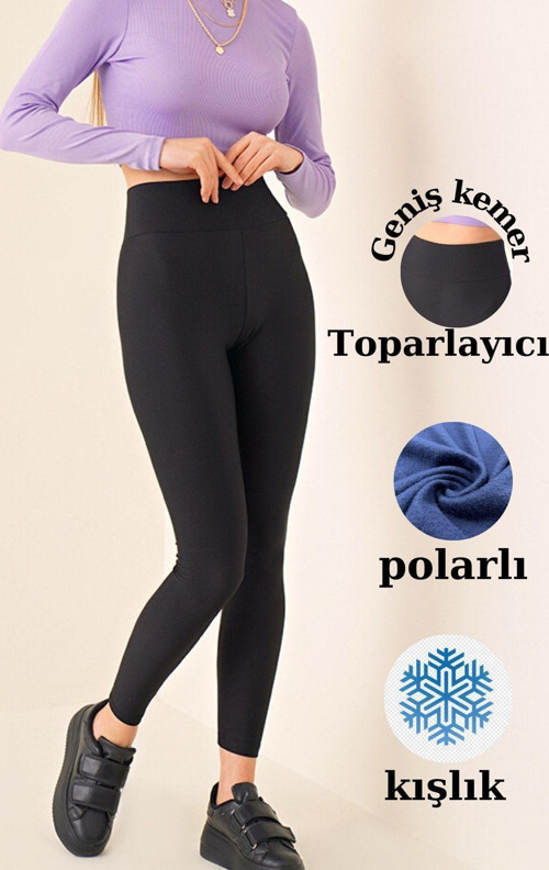Kadın Siyah Kışlık Içi Polarlı Yüksek Bel Toparlayıcı Dalgıç Kumaş Tayt