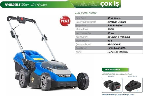 HYM38LI Akülü Çim Biçme Makinesi 2 Adet 4A Akü ve Şarj Dahil