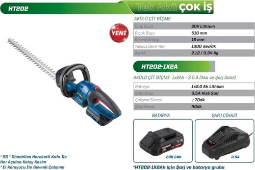 Hyundaı HT202 Akülü Çit Biçme Makinesi Akü ve Şarj Aleti Dahildir