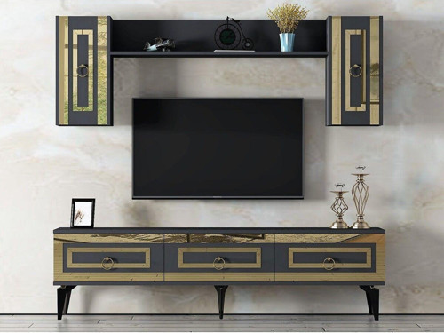 Karrya 180 Cm Tv Ünitesi Antrasit Altın