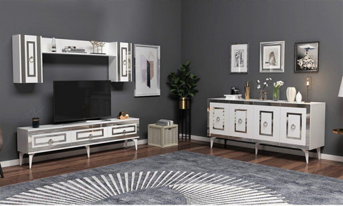 Karrya 180 Cm Tv Ünitesi Ve Konsol 2'Li Salon Takımı Beyaz-Gümüş