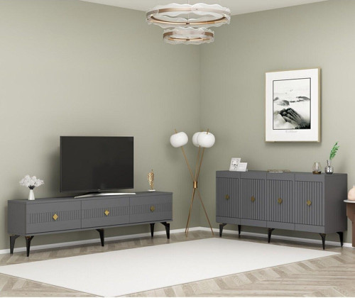 Midas 180 Cm Tv Sehpası (Alt Modül) Ve 4 Kapaklı Konsol 2'Li Salon Takımı Antrasit-Altın