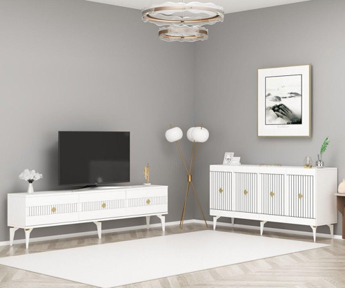 Midas 180 Cm Tv Sehpası (Alt Modül) Ve 4 Kapaklı Konsol 2'Li Salon Takımı Beyaz-Altın