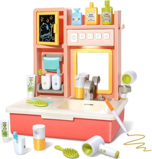 Pembe Modern Banyo Lavabo Set - Müzikli Işıklı Eğitici Lavabo Oyuncak - Öğretici Gelişim Oyuncağı