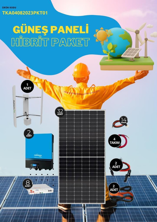 Güneş Enerjisi Hibrit Paket 15kva İnverter 455 watt Güneş Paneli 48 Volt 50 Amper Lityum Akü 5000 Watt Dikey Rüzgar